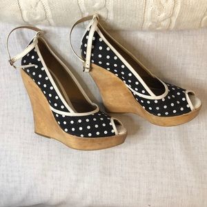 bebe Black and White Polka Dot Wedge Sandals